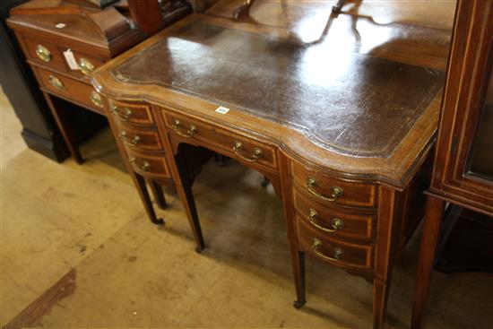 Edwardian inlaid mahogany desk  with red leather inset top, 5 small drawers on  square tapered legs